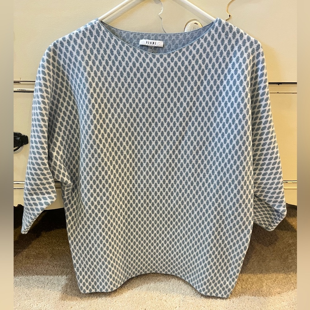 Sioni Blue and White Patterned Sweater Boatneck Three Quarter Sleeves Size M
